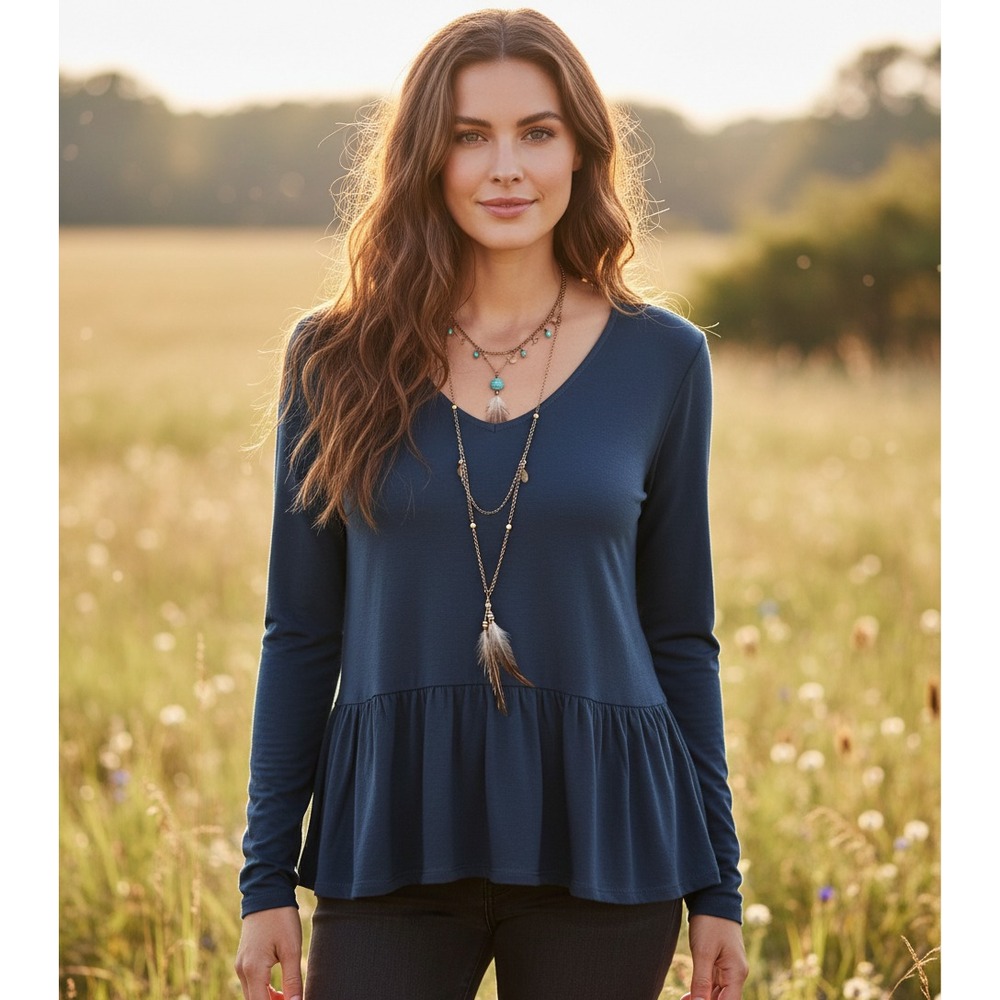 NEW Loft Women's Blue Gray Peplum V Neck Knit Top Casual Coastal Cottage Chic S‎
